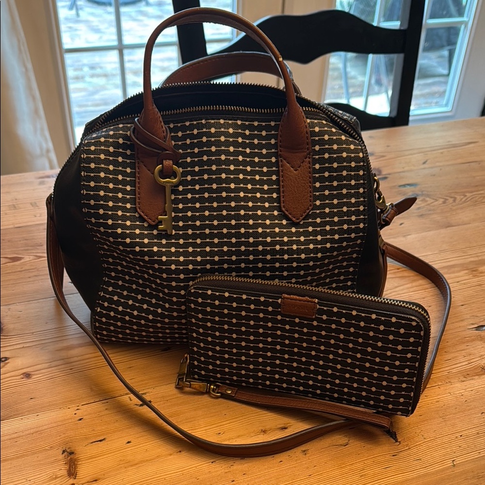 Fossil Satchel Purse and Wallet with Crossbody strap-  Black and Brown